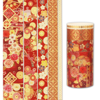 Red and gold floral washi tape rolls laid out flat with a partially unrolled strip, featuring intricate blossom and geometric lattice motifs.
