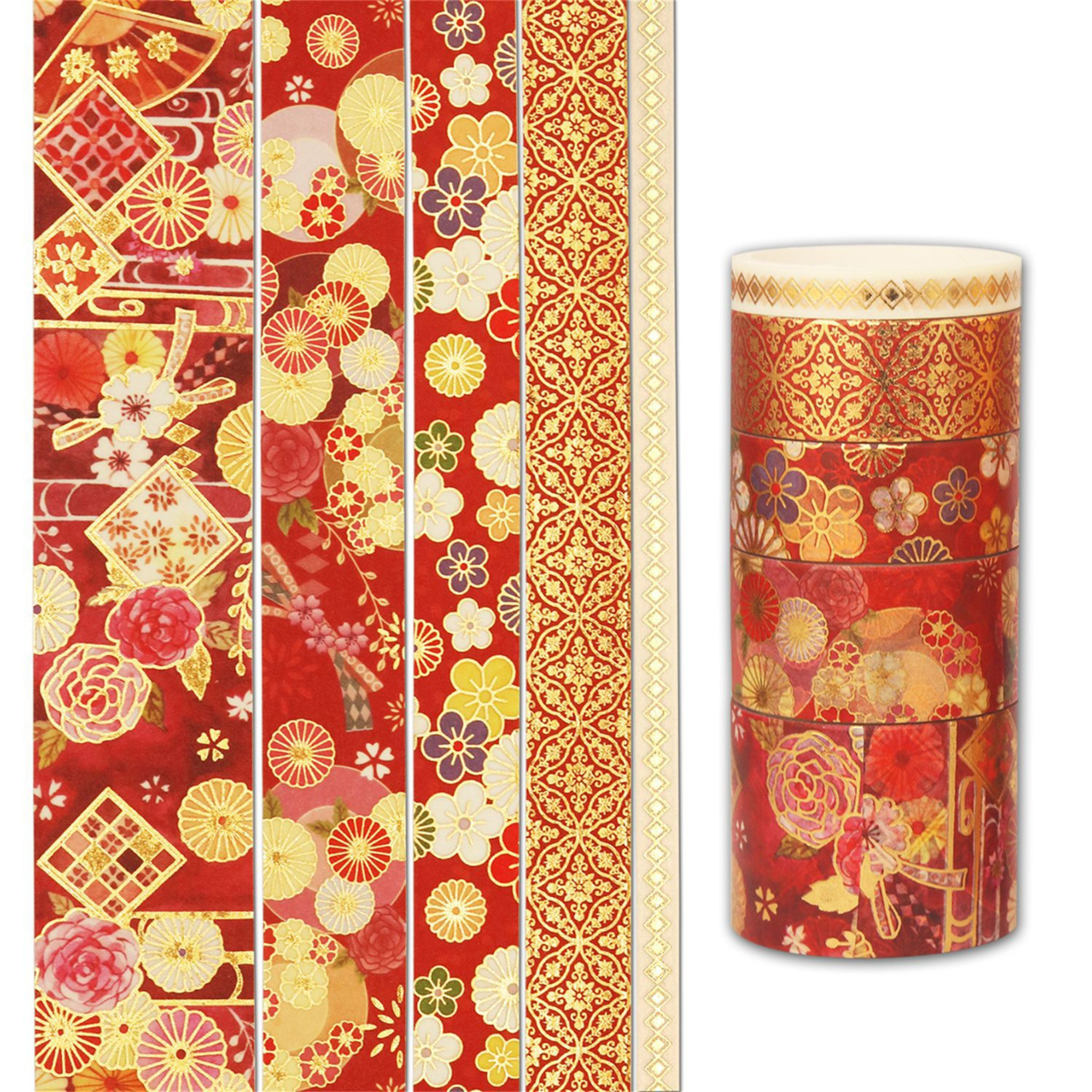 Red and gold floral washi tape rolls laid out flat with a partially unrolled strip, featuring intricate blossom and geometric lattice motifs.