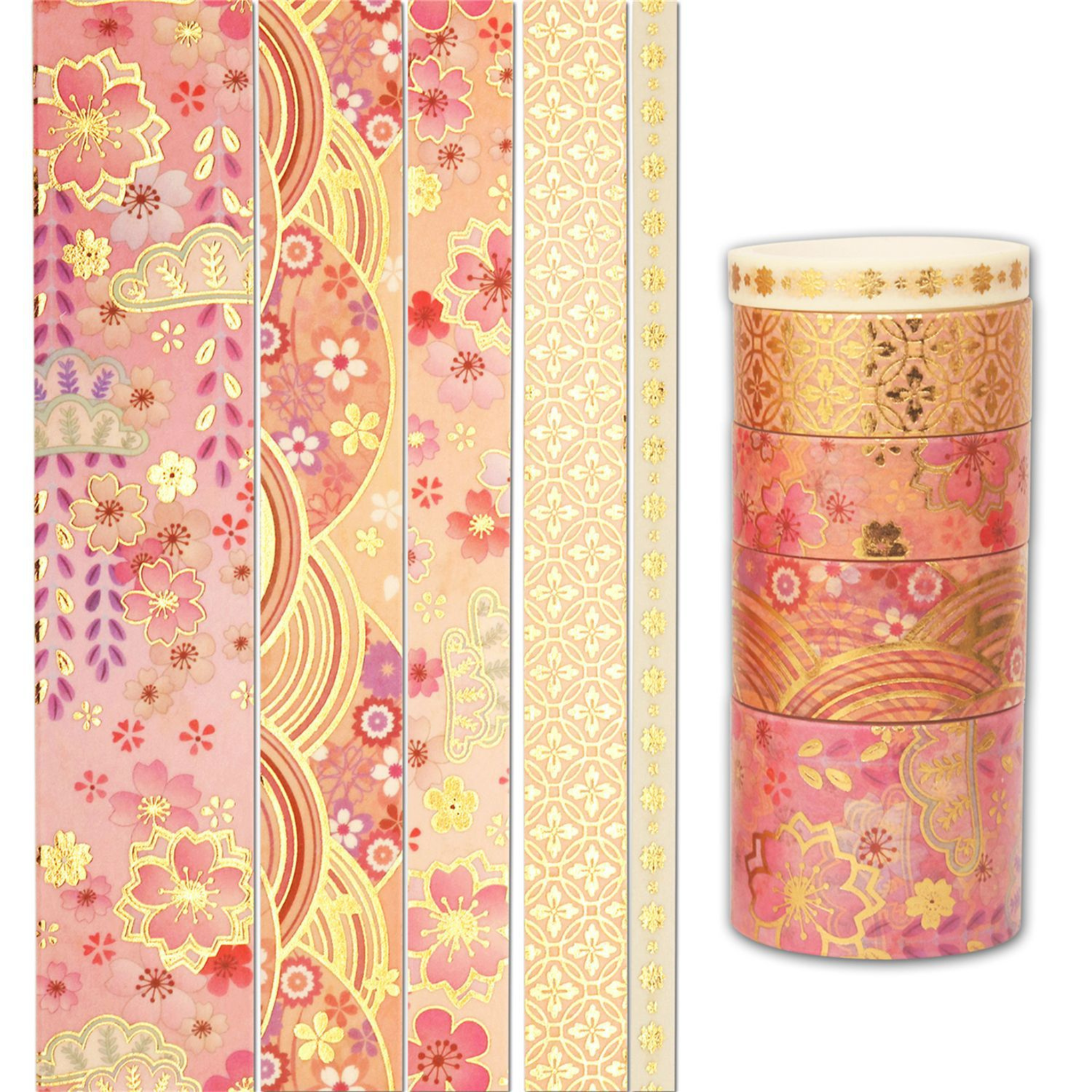 Pattern layout and stacked roll display of pink and gold blossom washi tape, featuring cherry blossom motifs, flowing wave designs, and gold foil geometric lattice patterns on a white background.