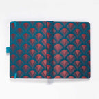 Flat lay of the teal-blue and red-copper embroidered scalloped fabric cover