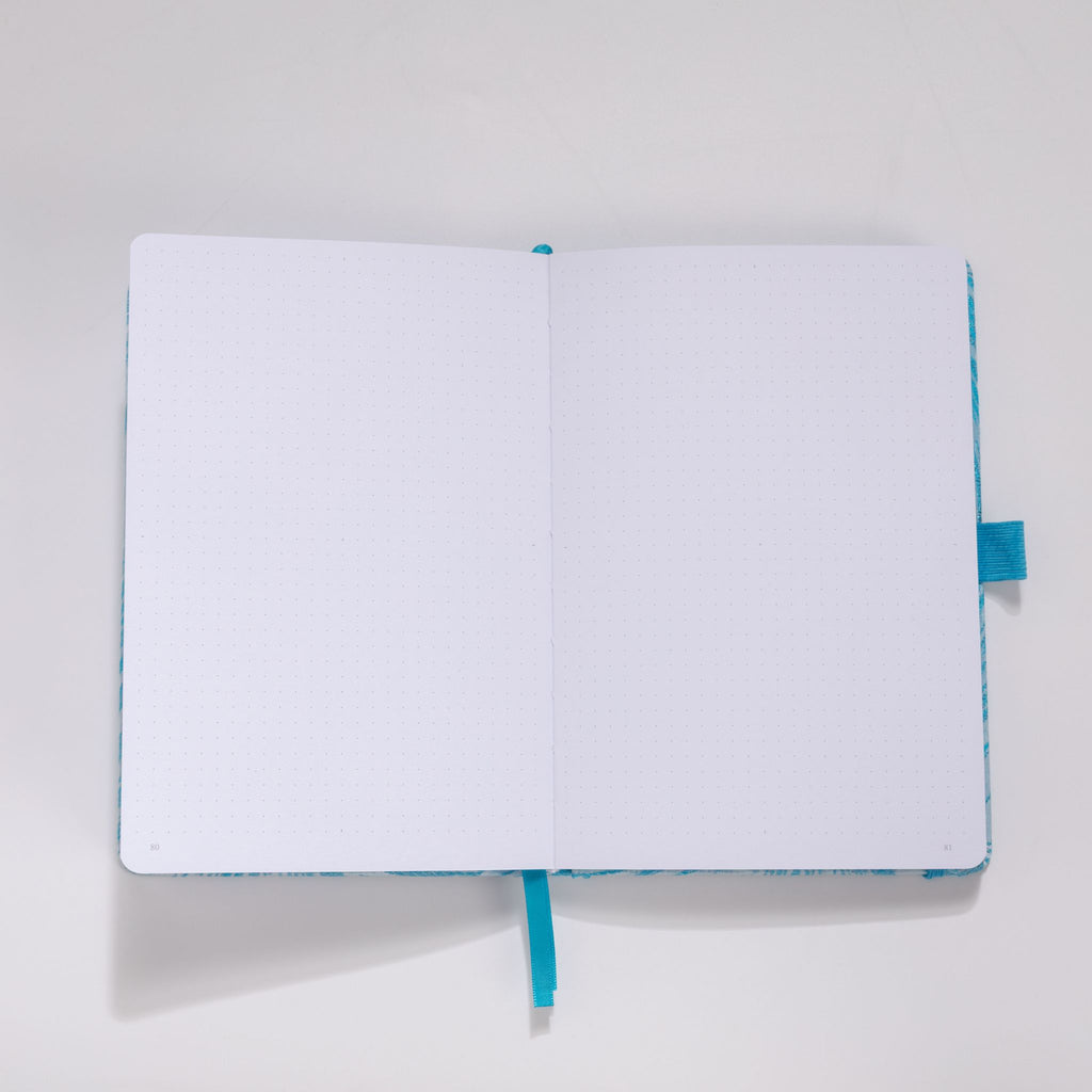 Open A5 journal showing the dot grid interior pages