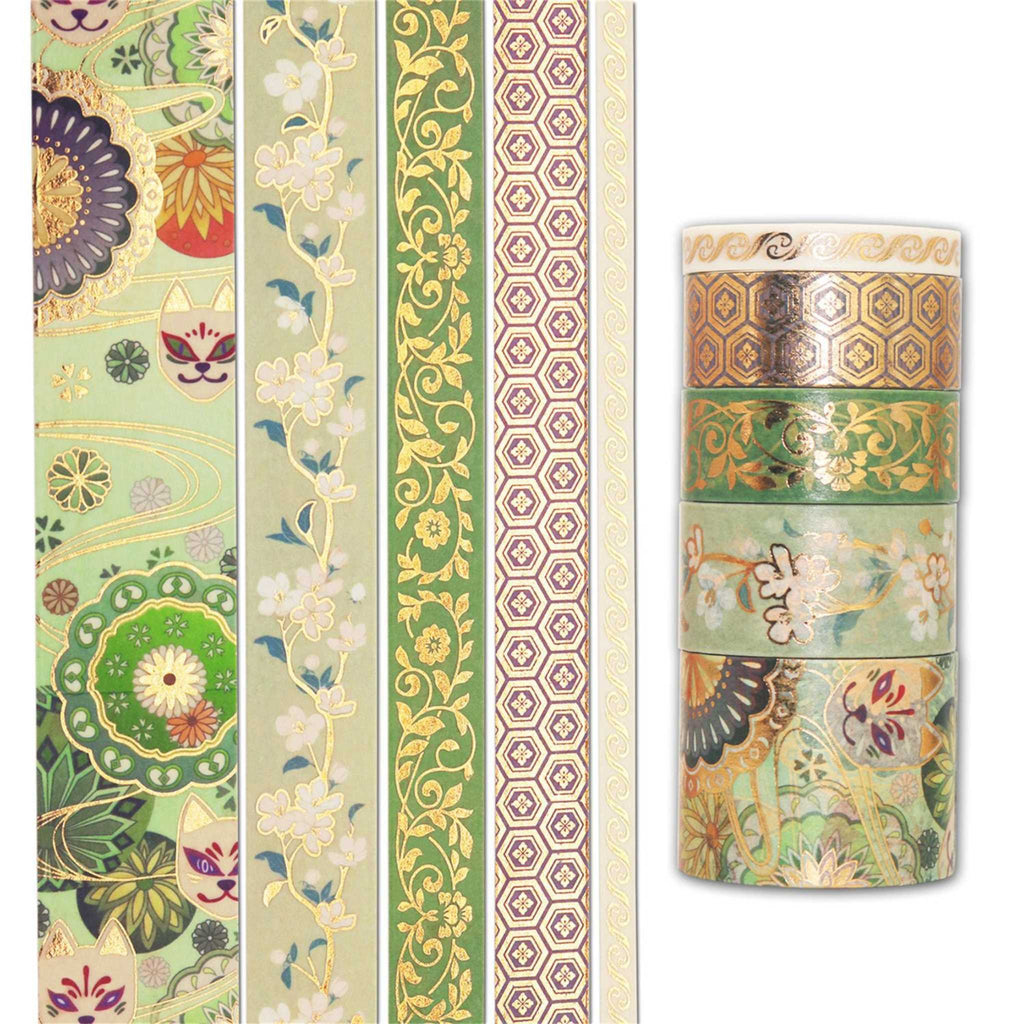 
Green gold foil washi tape rolls with intricate floral designs, partially unrolled to display the continuous pattern and metallic shine.