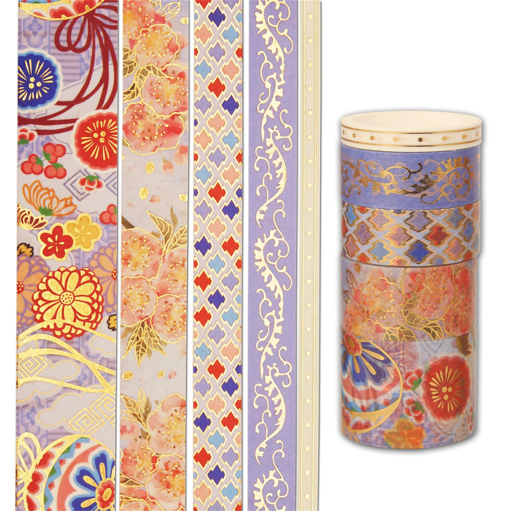 Purple gold foil washi tape rolls with classic Chinese brocade patterns, partially unrolled to show the detailed floral and geometric designs.