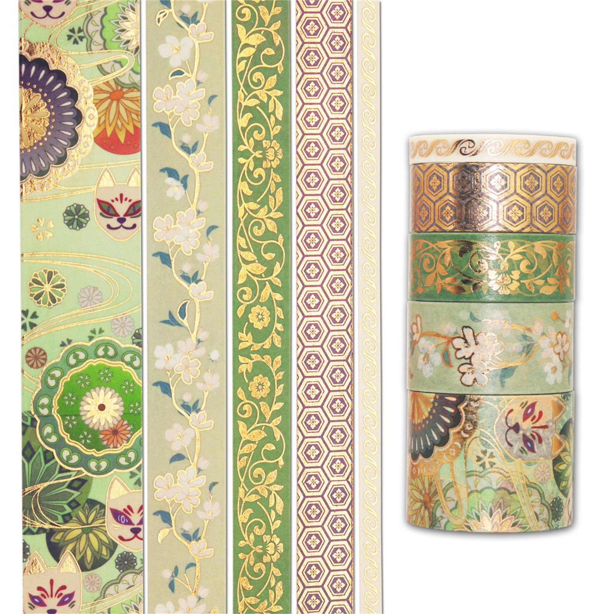 Green gold foil washi tape rolls with intricate floral designs, partially unrolled to display the continuous pattern and metallic shine.