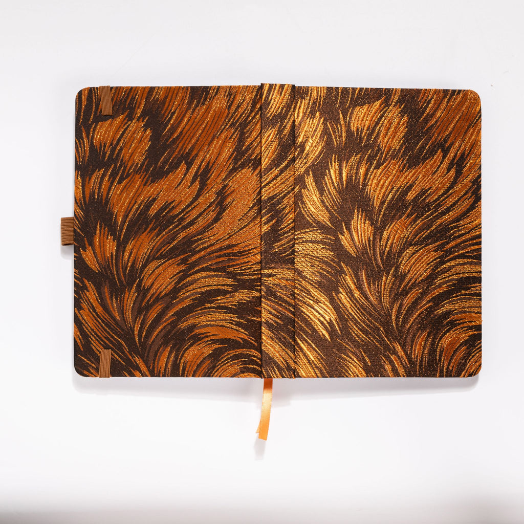 Flat lay of the copper brown metallic fabric cover fully opened。