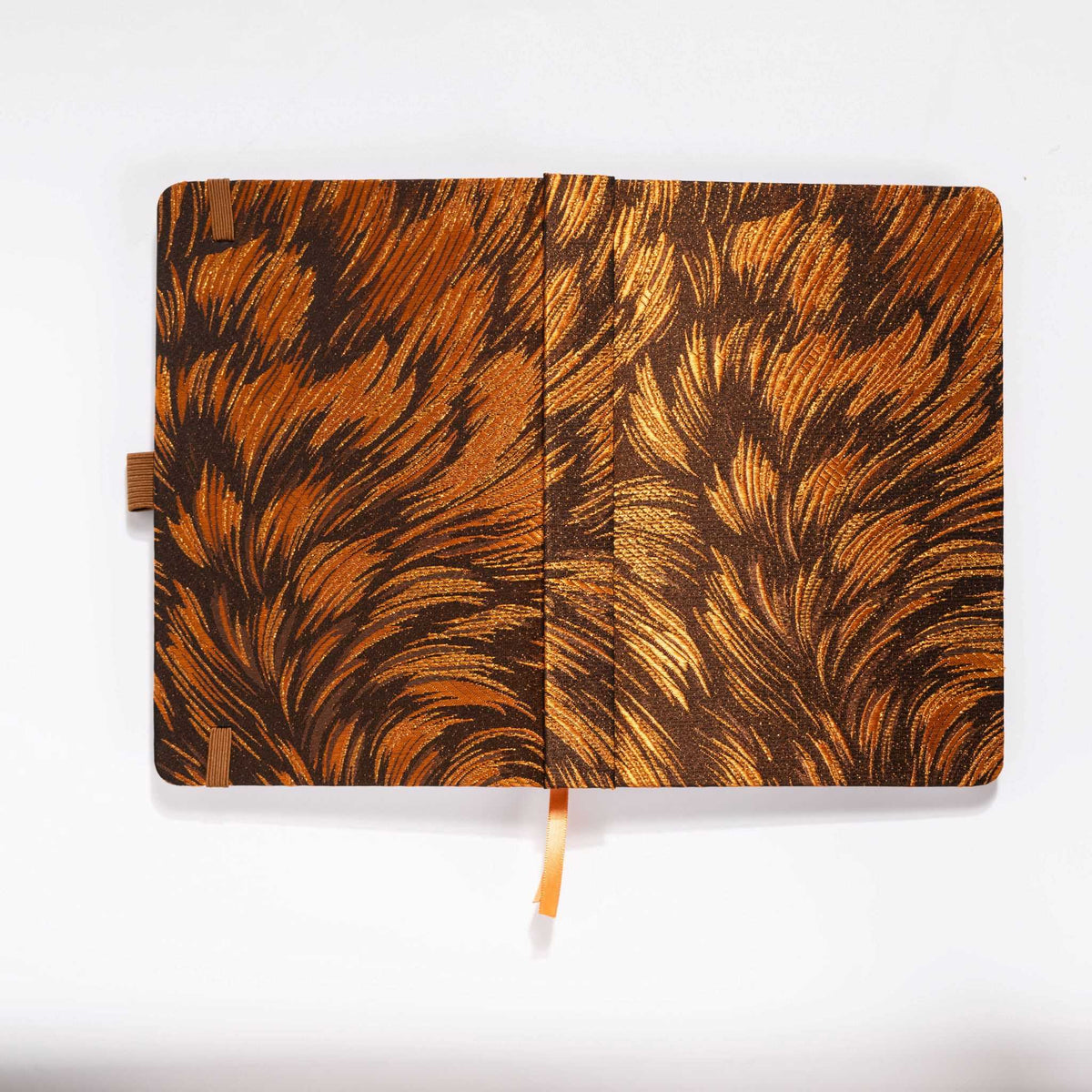 Flat lay of the copper brown metallic fabric cover fully opened。