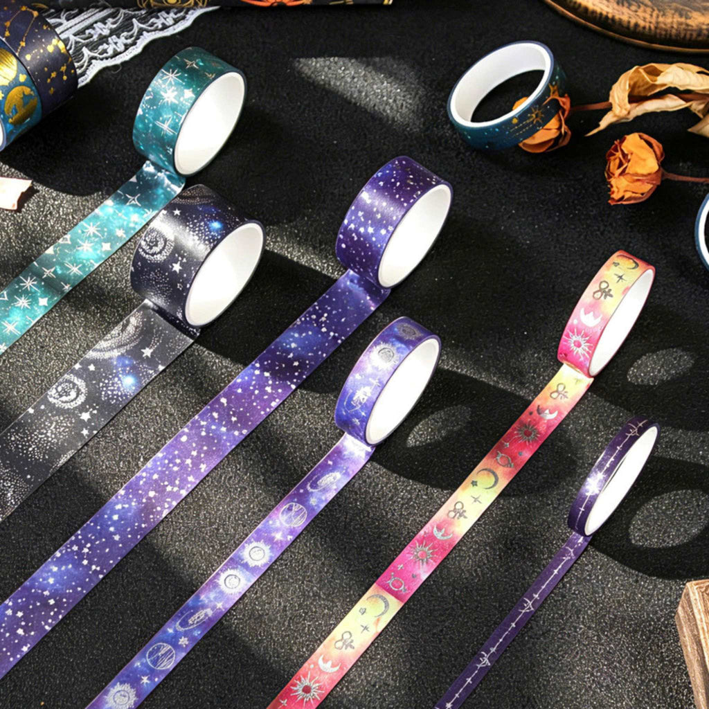 Celestial Dream Foil Washi Tape Set 19 Rolls, Assorted Rolls Spread Out Showing Holographic Foil and Mixed Widths