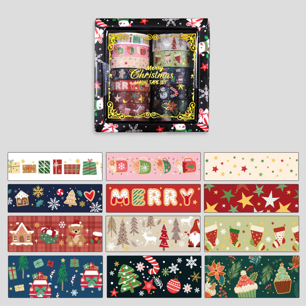 Christmas Gold Foil Washi Tape Set 12 Rolls, Assorted Gift Box with 12 Festive Rolls Display on Grey Background