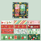 Christmas Gold Foil Washi Tape Set 12 Rolls, Green Gift Box with 12 Assorted Festive Rolls Display on Green Background