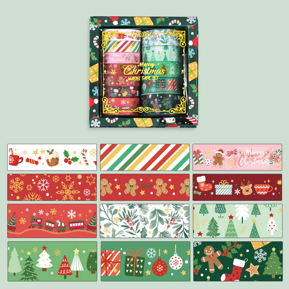 Christmas Gold Foil Washi Tape Set 12 Rolls, Green Gift Box with 12 Assorted Festive Rolls Display on Green Background