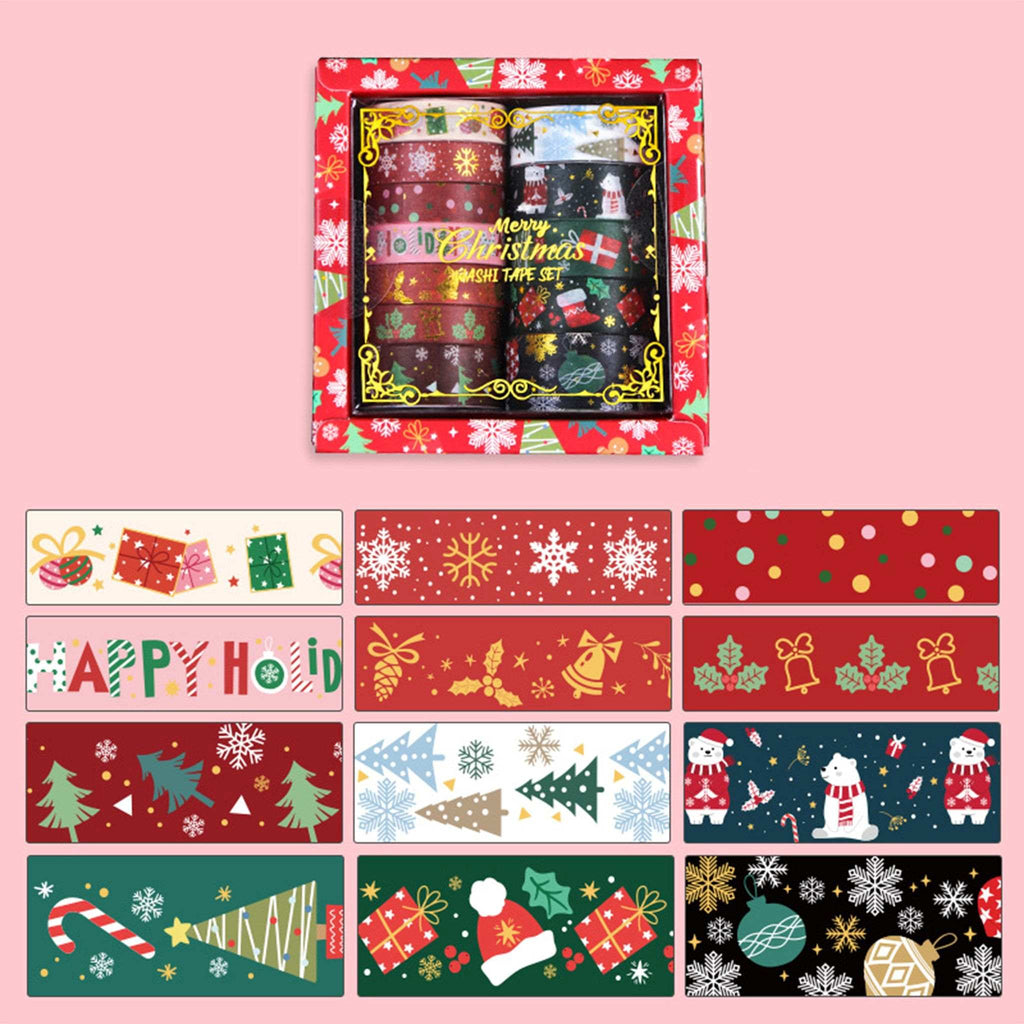 Christmas Gold Foil Washi Tape Set 12 Rolls, Black Gift Box with 12 Assorted Festive Rolls Display on Pink Background