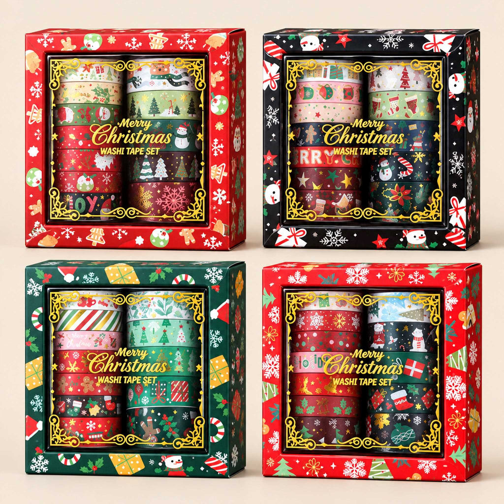 Christmas Gold Foil Washi Tape Set 12 Rolls, 4 Assorted Color Gift Boxes with Festive Designs