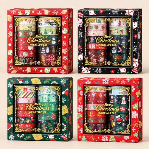 Christmas Gold Foil Washi Tape Set 12 Rolls, 4 Assorted Color Gift Boxes with Festive Designs