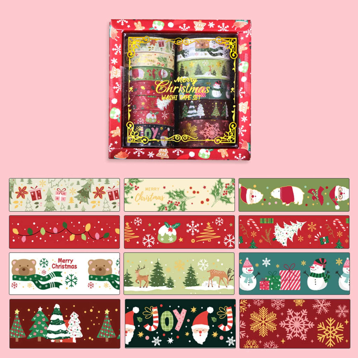 Christmas Gold Foil Washi Tape Set 12 Rolls, Red Gift Box with 12 Assorted Festive Rolls Display on Pink Background