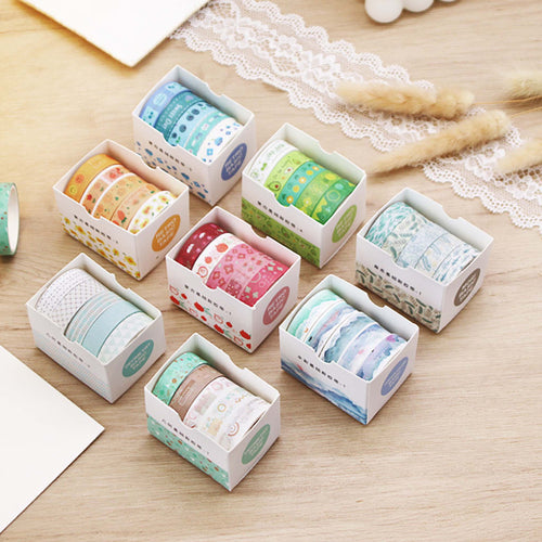 Cute Illustrated Washi Tape Set, 8 Assorted Styles in Boxes on Wooden Desk