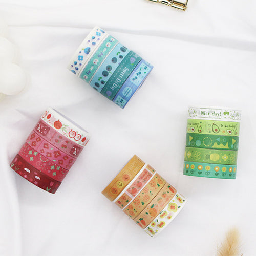 Cute Illustrated Washi Tape Set, 4 Assorted Floral and Geometric Rolls on White Background