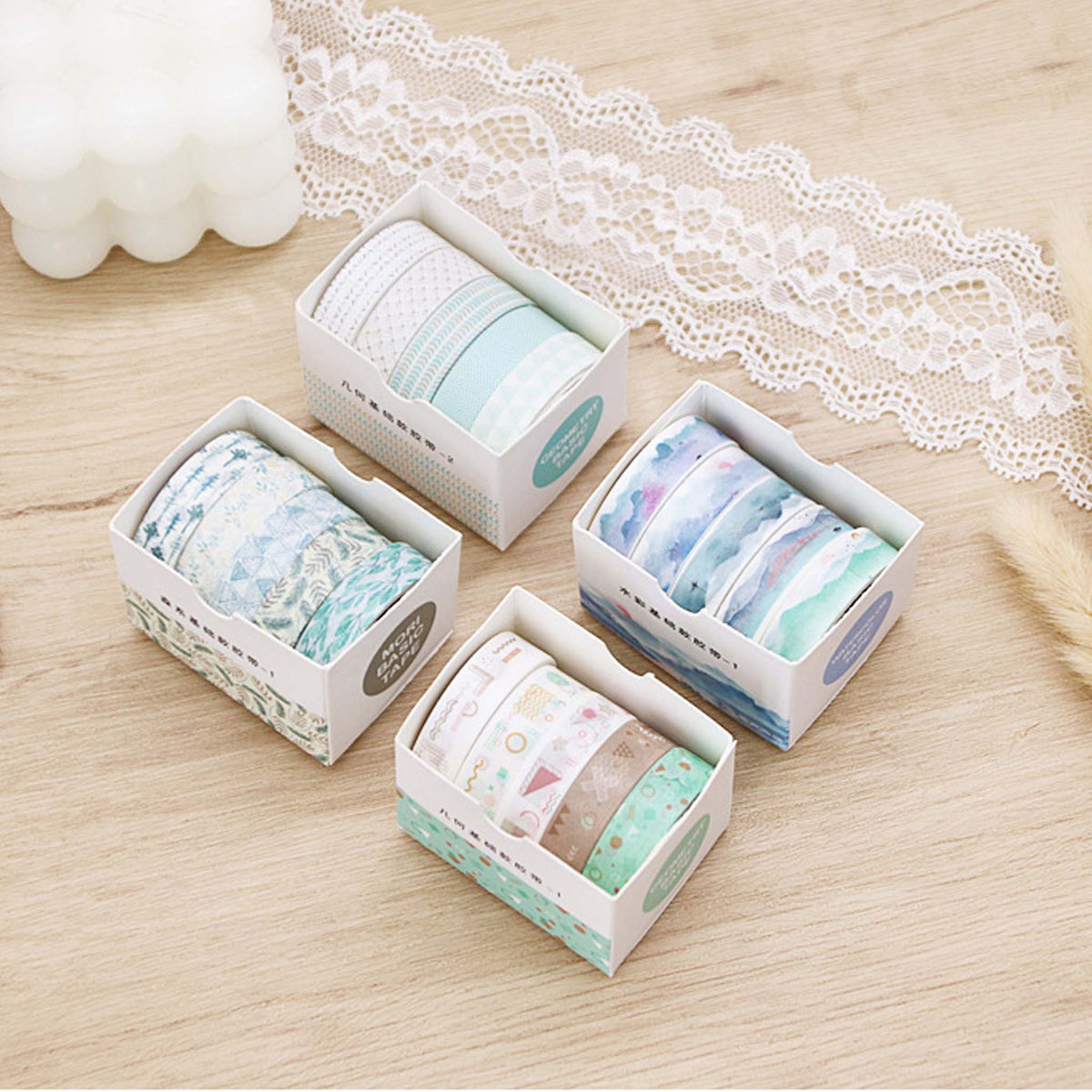 Cute Illustrated Washi Tape Set, 4 Boxed Rolls with Lace and Dried Flowers Background