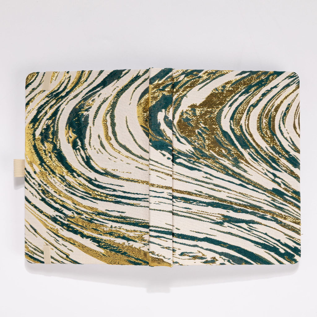 Flat lay of the dark green and gold marble woven fabric cover opened completely
