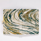 Flat lay of the dark green and gold marble woven fabric cover opened completely