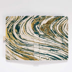 Flat lay of the dark green and gold marble woven fabric cover opened completely.