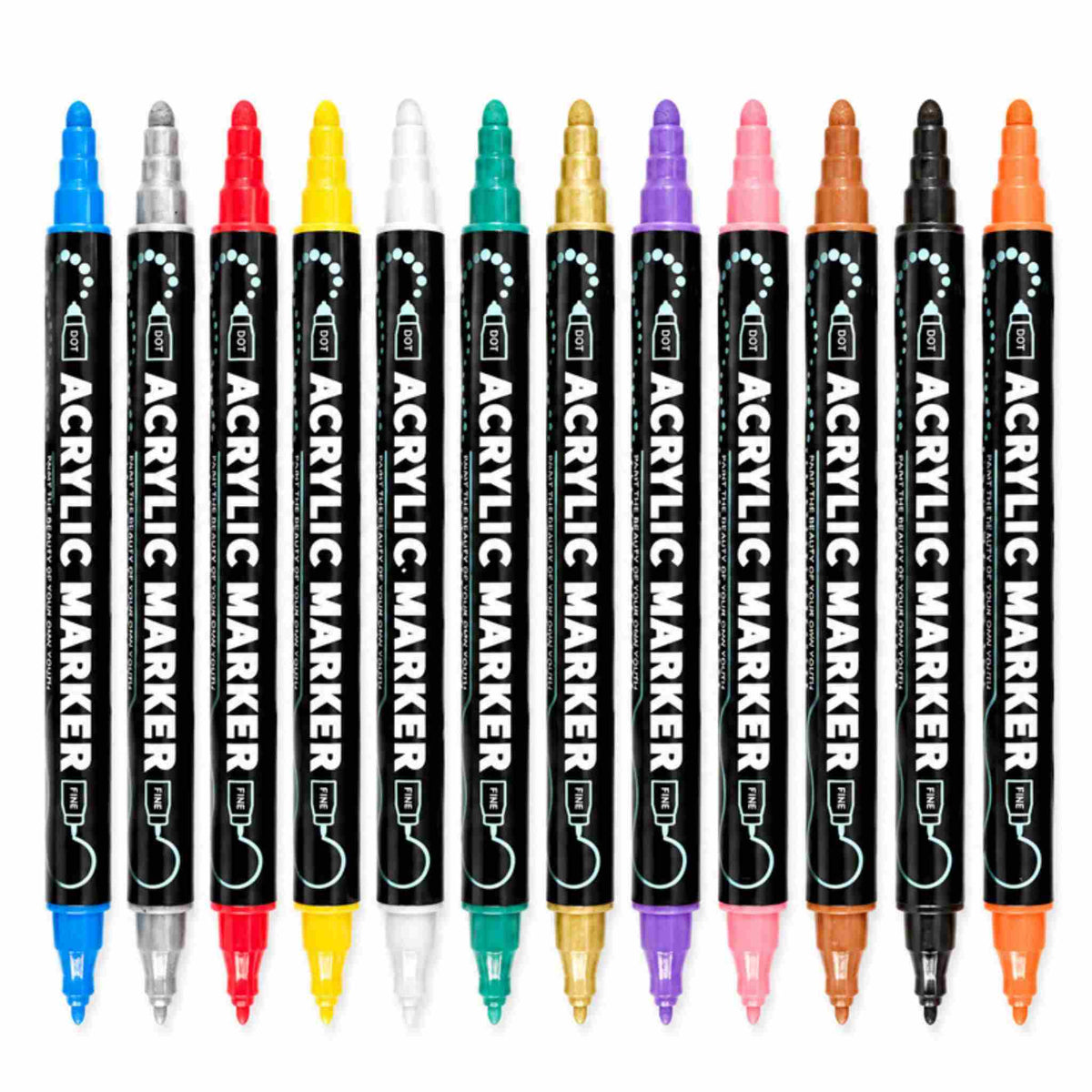 Dual Tip Acrylic Marker Pens 12 Colors, Water Based Fine and Dot Tips for Drawing and Graffiti on Glass Stone Wood.