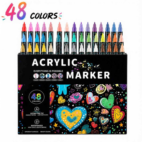 Dual Tip Acrylic Marker Pens 36 Colors, Water Based Fine and Dot Tips for Drawing and Graffiti on Glass Stone Wood.