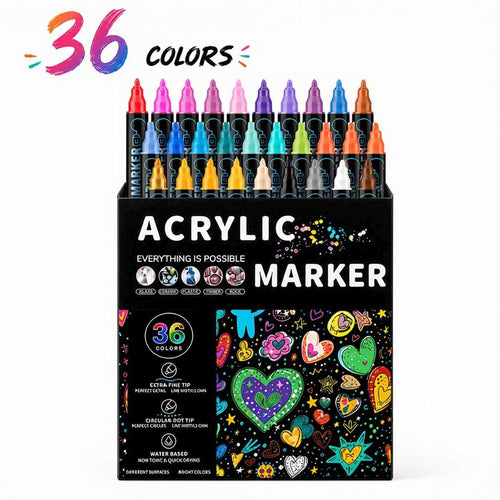 Dual Tip Acrylic Marker Pens 36 Colors, Water Based Fine and Dot Tips for Drawing and Graffiti on Glass Stone Wood.