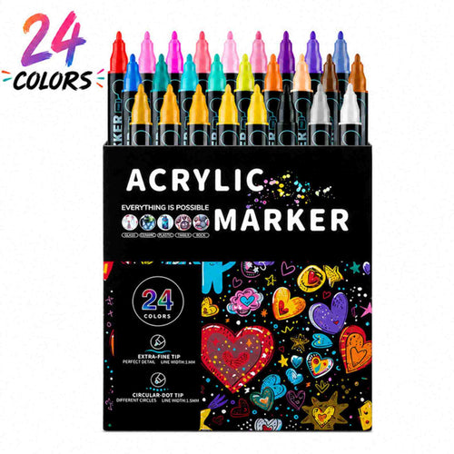 Dual Tip Acrylic Marker Pens 24 Colors, Water Based Fine and Dot Tips for Drawing and Graffiti on Glass Stone Wood.