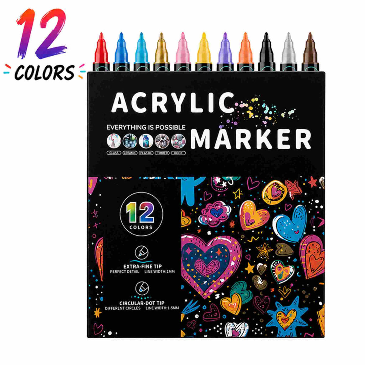 Dual Tip Acrylic Marker Pens 12 Colors, Water Based Fine and Dot Tips for Drawing and Graffiti on Glass Stone Wood.
