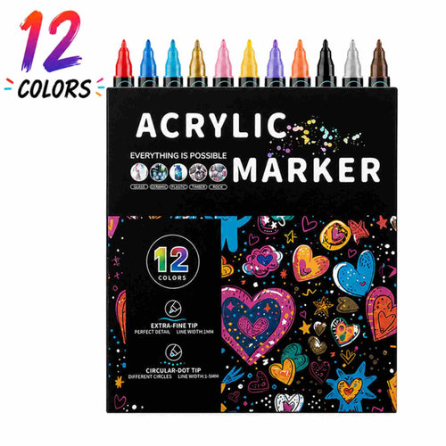 Dual Tip Acrylic Marker Pens 12 Colors, Water Based Fine and Dot Tips for Drawing and Graffiti on Glass Stone Wood.