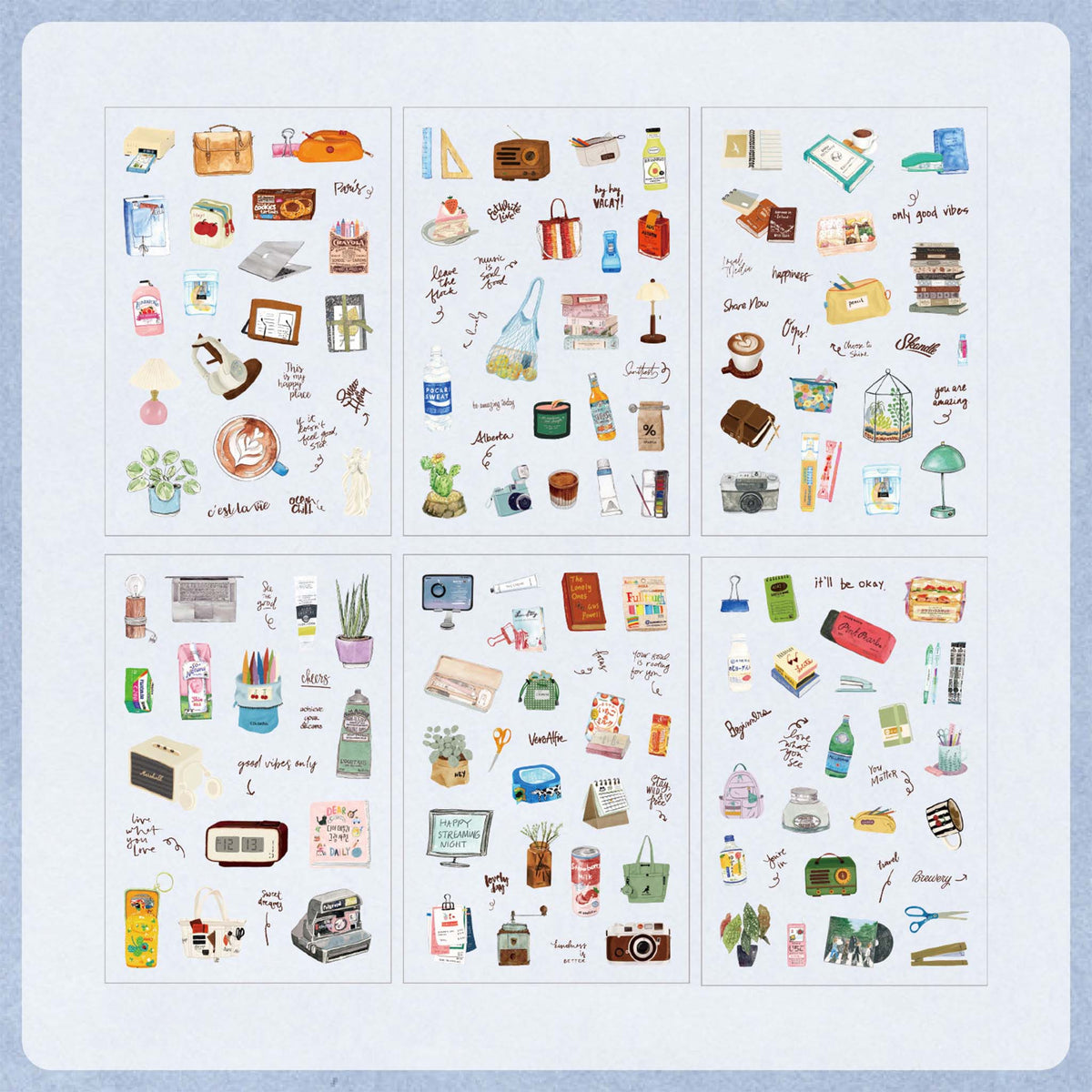 Six sheets of Colored Universe watercolor PET stickers displayed on a light gray-blue background, featuring hand-drawn illustrations of everyday home items, stationery, coffee cups, potted plants, and vintage objects.