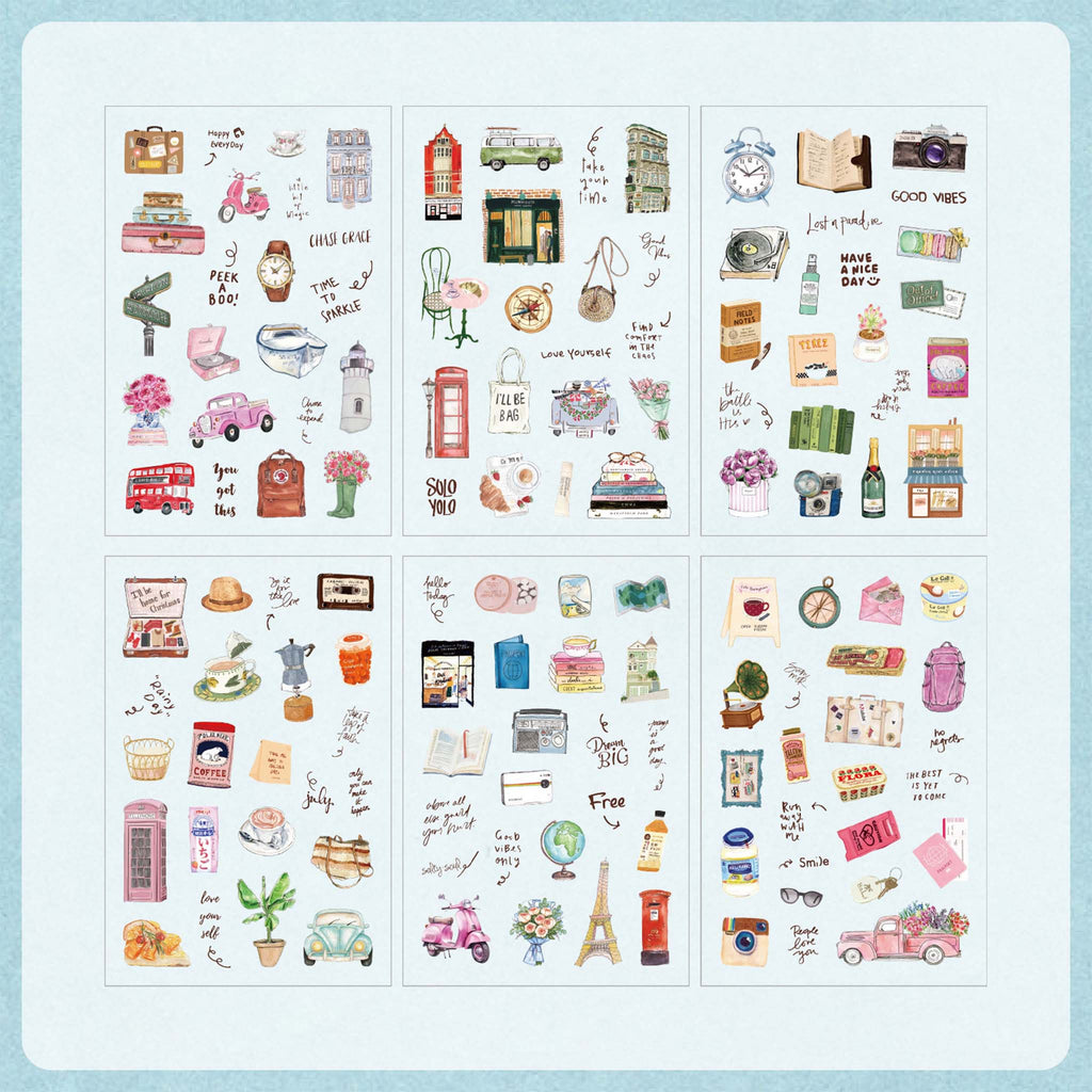 Six sheets of Journey Wonders watercolor PET stickers displayed on a light blue background, featuring hand-drawn illustrations of travel landmarks like London buses, the Eiffel Tower, scooters, suitcases, cameras, and vintage travel accessories.