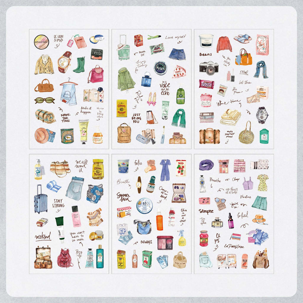 Six sheets of Travel List watercolor PET stickers displayed on a white background, featuring hand-drawn illustrations of luggage, bags, clothing, toiletries, cameras, and travel accessories.