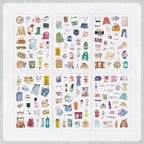 Six sheets of Travel List watercolor PET stickers displayed on a white background, featuring hand-drawn illustrations of luggage, bags, clothing, toiletries, cameras, and travel accessories.