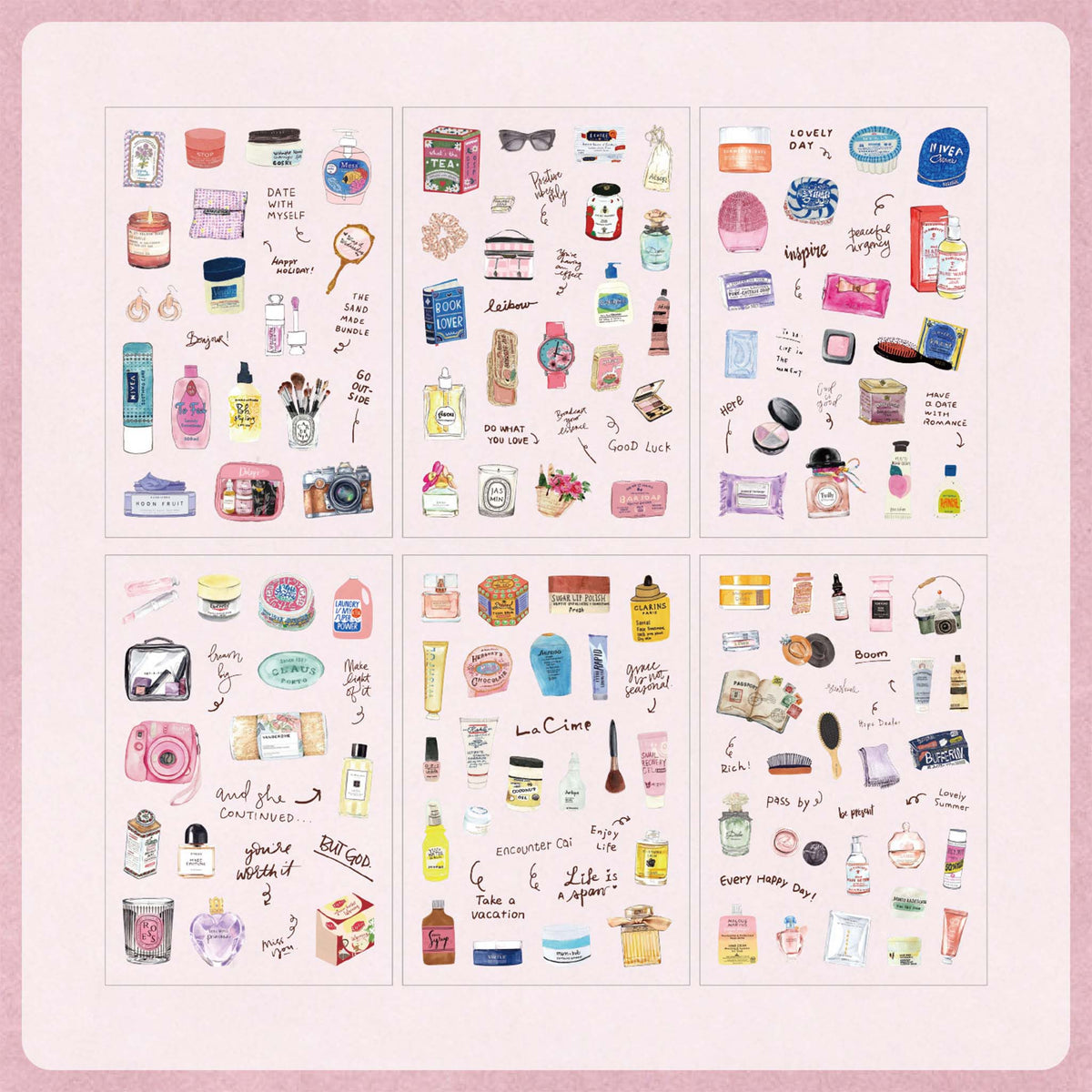 Six sheets of Fragrance Notes watercolor PET stickers displayed on a soft pink background, featuring hand-drawn illustrations of perfume bottles, scented candles, skincare items, cosmetics, and beauty accessories.