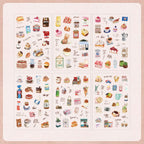 Six sheets of Sweet Dreamland watercolor PET stickers displayed on a soft pink background, featuring hand-drawn illustrations of cakes, macarons, croissants, coffee cups, ice cream, and other sweet treat elements.