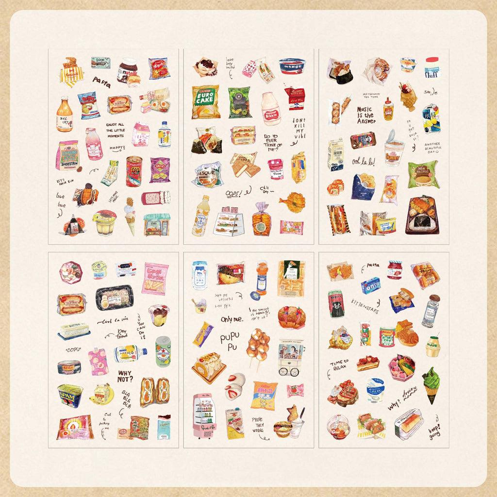 Six sheets of Snack Journal watercolor PET stickers displayed on a light beige background, featuring hand-drawn illustrations of snacks, chips, cookies, instant noodles, ice cream, and drinks, all arranged in a playful collage layout.