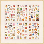 Six sheets of Snack Journal watercolor PET stickers displayed on a light beige background, featuring hand-drawn illustrations of snacks, chips, cookies, instant noodles, ice cream, and drinks, all arranged in a playful collage layout.