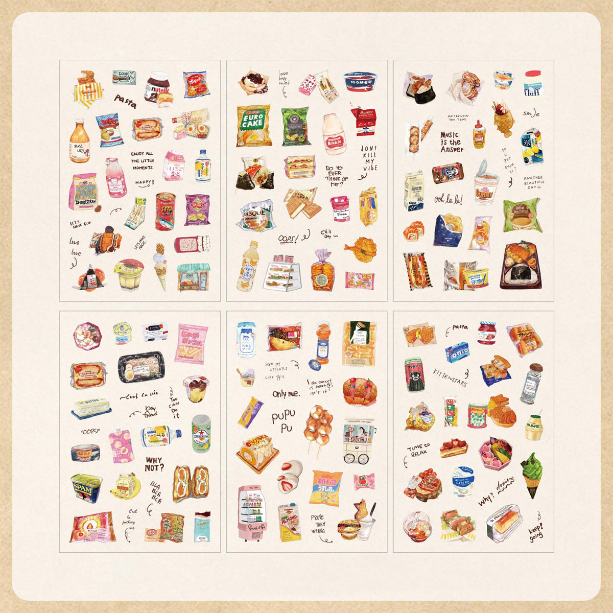 Six sheets of Snack Journal watercolor PET stickers displayed on a light beige background, featuring hand-drawn illustrations of snacks, chips, cookies, instant noodles, ice cream, and drinks, all arranged in a playful collage layout.