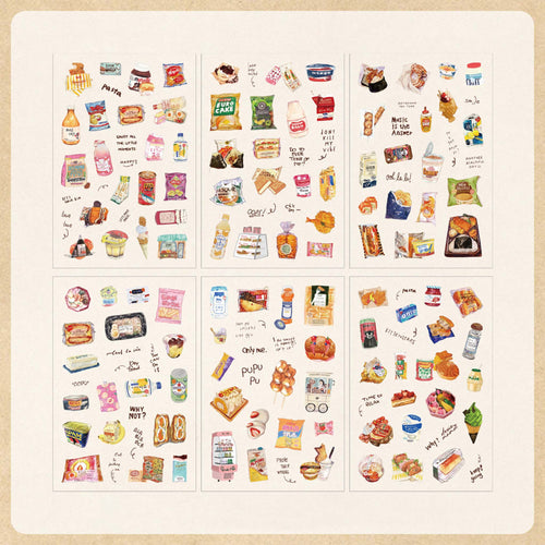 Six sheets of Snack Journal watercolor PET stickers displayed on a light beige background, featuring hand-drawn illustrations of snacks, chips, cookies, instant noodles, ice cream, and drinks, all arranged in a playful collage layout.
