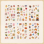Six sheets of Snack Journal watercolor PET stickers displayed on a light beige background, featuring hand-drawn illustrations of snacks, chips, cookies, instant noodles, ice cream, and drinks, all arranged in a playful collage layout.