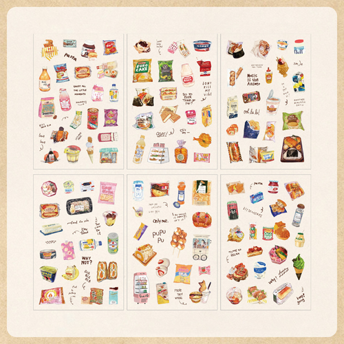 Six sheets of Snack Journal watercolor PET stickers displayed on a light beige background, featuring hand-drawn illustrations of snacks, chips, cookies, instant noodles, ice cream, and drinks, all arranged in a playful collage layout.
