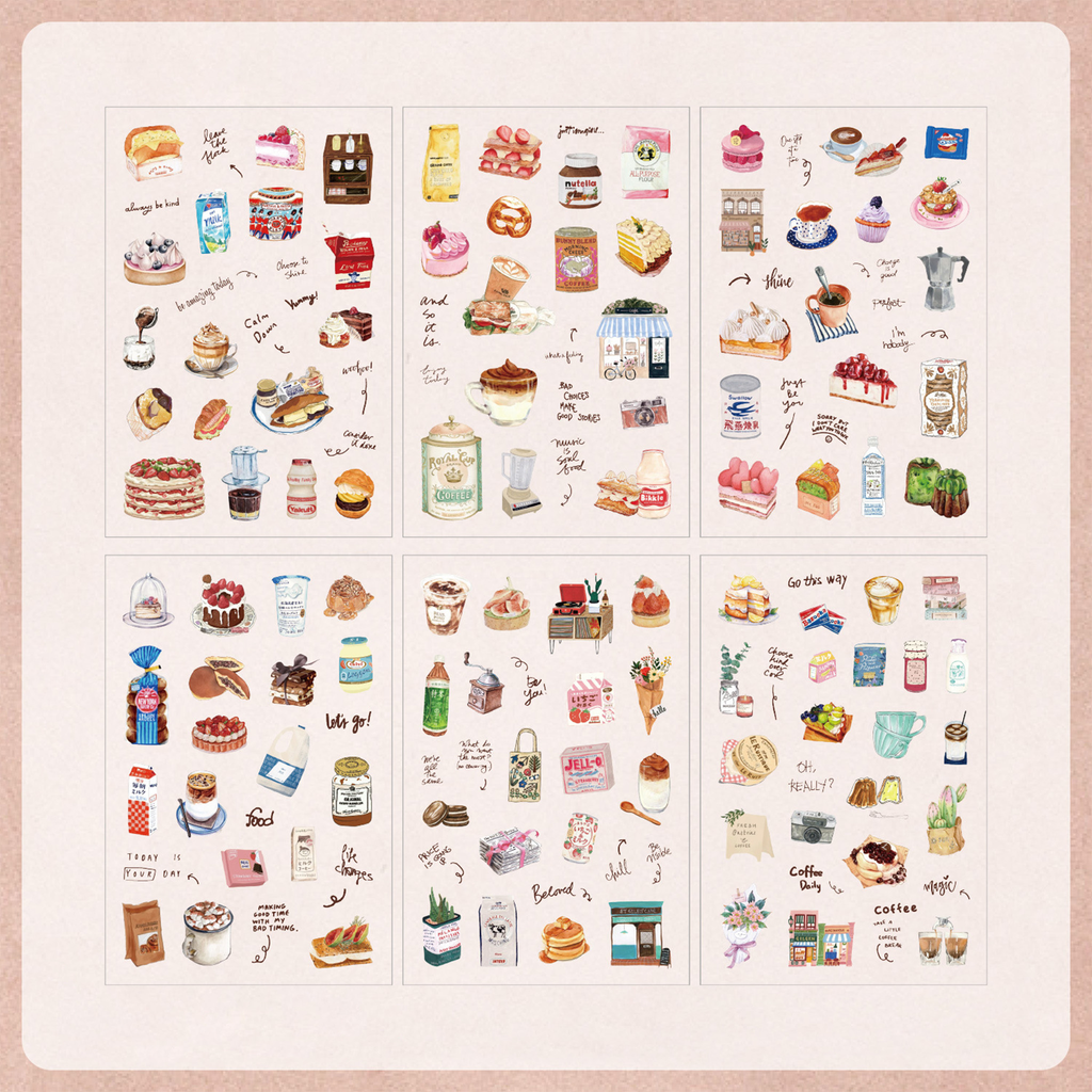 Six sheets of Sweet Dreamland watercolor PET stickers displayed on a soft pink background, featuring hand-drawn illustrations of cakes, macarons, croissants, coffee cups, ice cream, and other sweet treat elements.