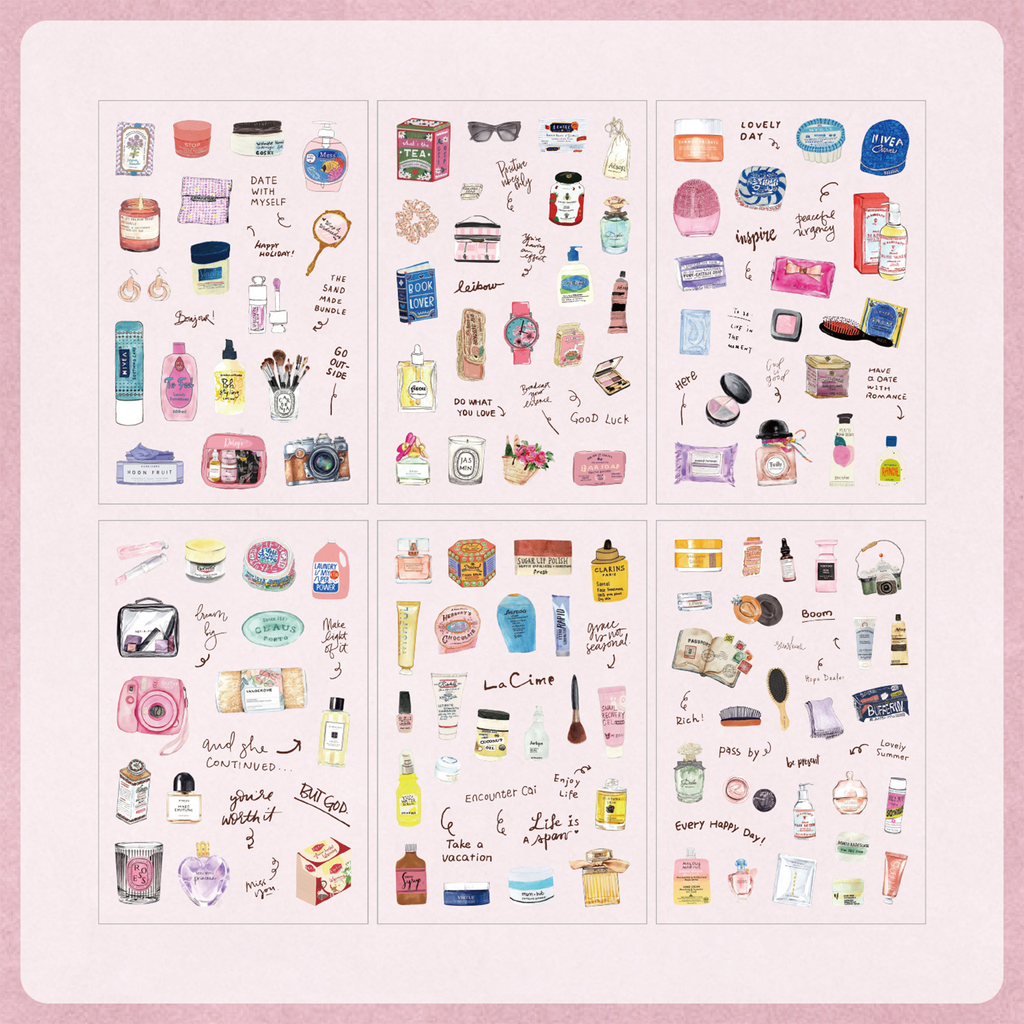 Six sheets of Fragrance Notes watercolor PET stickers displayed on a soft pink background, featuring hand-drawn illustrations of perfume bottles, scented candles, skincare items, cosmetics, and beauty accessories.