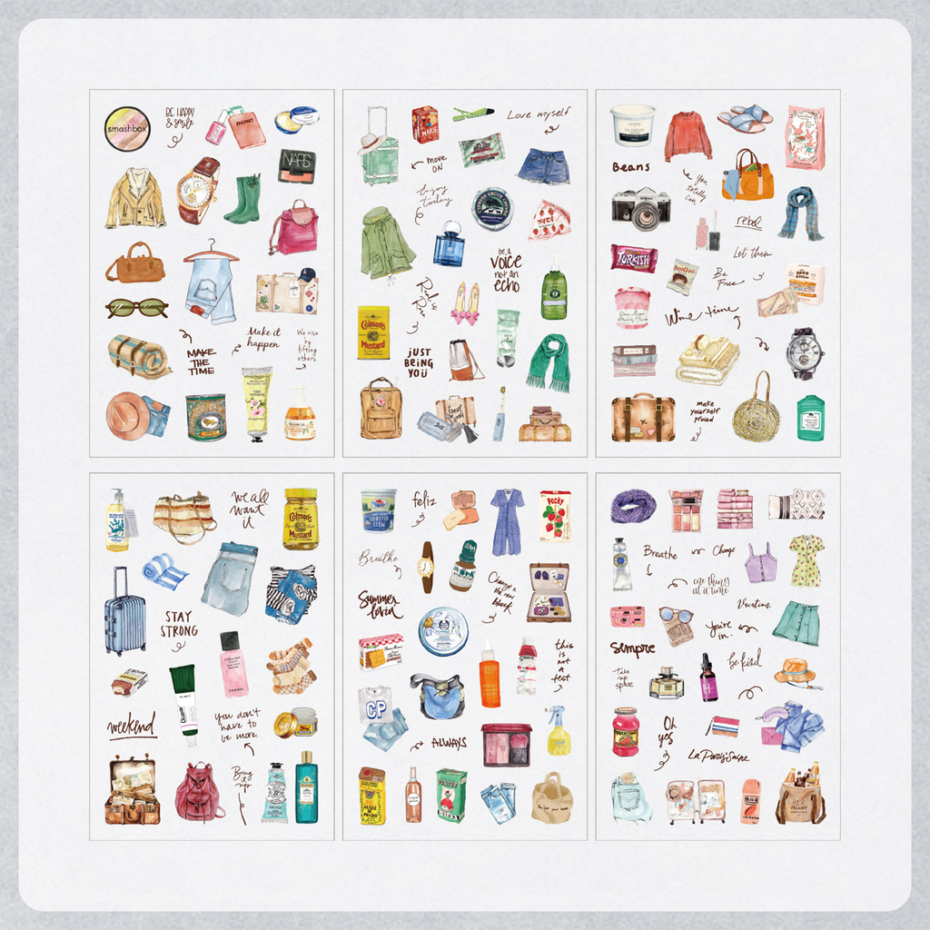 Six sheets of Travel List watercolor PET stickers displayed on a white background, featuring hand-drawn illustrations of luggage, bags, clothing, toiletries, cameras, and travel accessories.