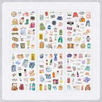 Six sheets of Travel List watercolor PET stickers displayed on a white background, featuring hand-drawn illustrations of luggage, bags, clothing, toiletries, cameras, and travel accessories.