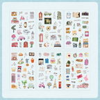 Six sheets of Journey Wonders watercolor PET stickers displayed on a light blue background, featuring hand-drawn illustrations of travel landmarks like London buses, the Eiffel Tower, scooters, suitcases, cameras, and vintage travel accessories.