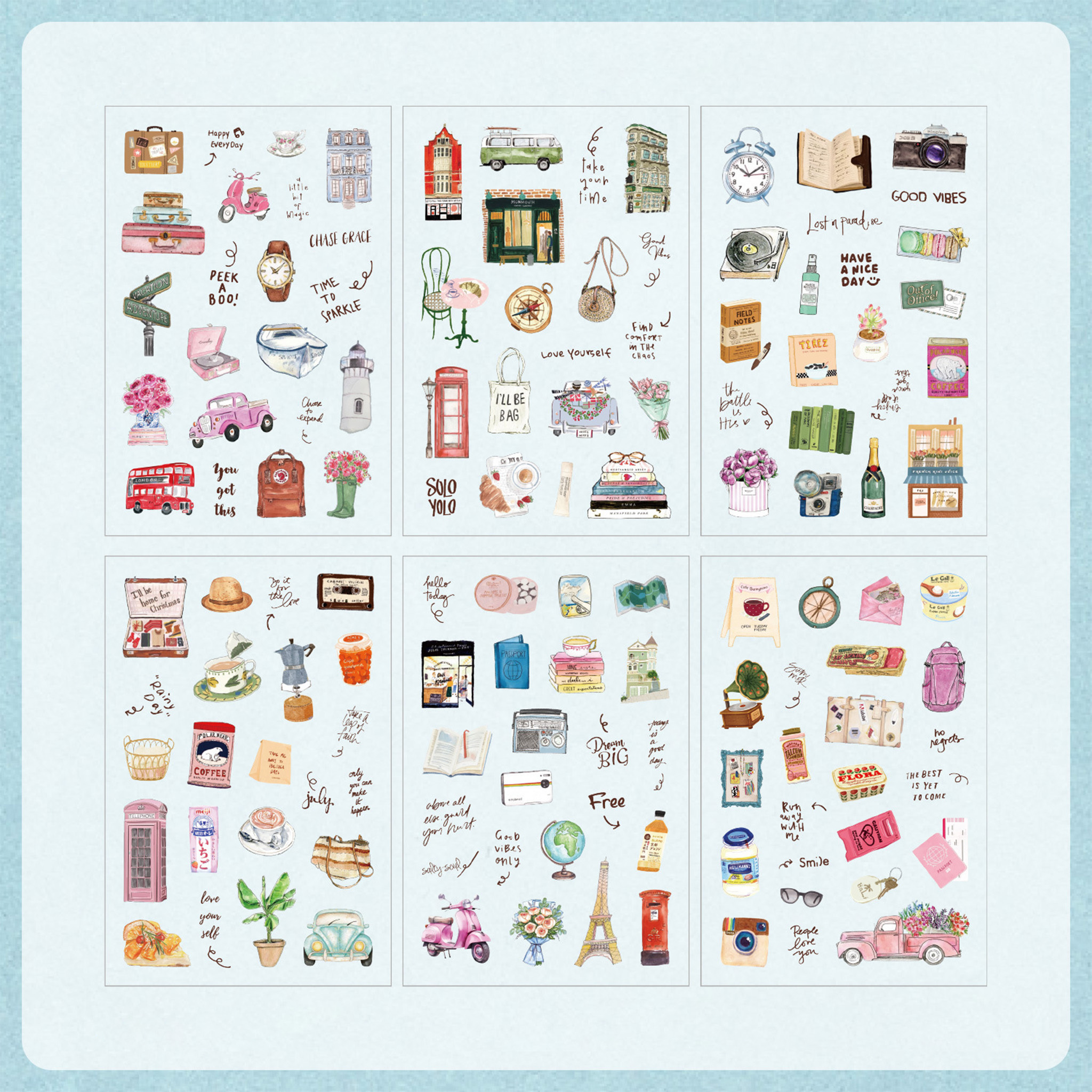 Six sheets of Journey Wonders watercolor PET stickers displayed on a light blue background, featuring hand-drawn illustrations of travel landmarks like London buses, the Eiffel Tower, scooters, suitcases, cameras, and vintage travel accessories.