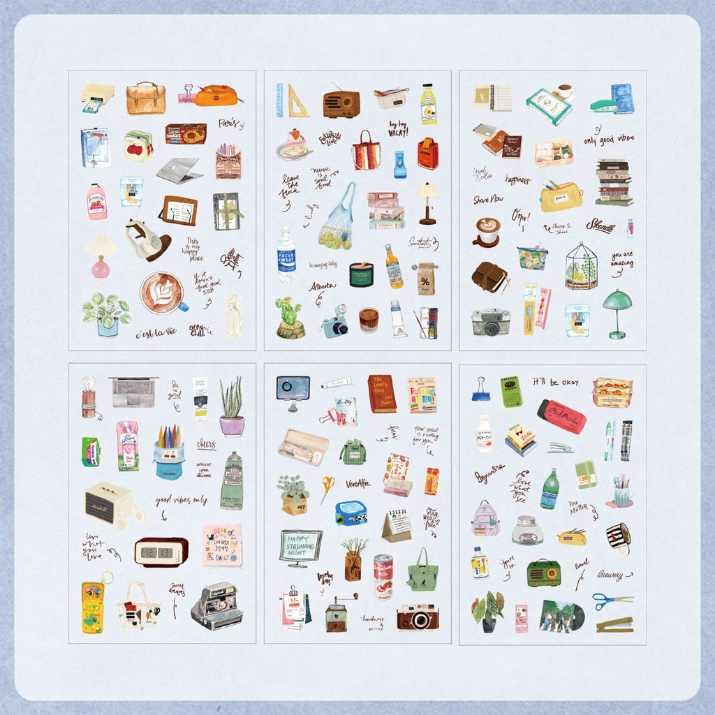 Six sheets of Colored Universe watercolor PET stickers displayed on a light gray-blue background, featuring hand-drawn illustrations of everyday home items, stationery, coffee cups, potted plants, and vintage objects.