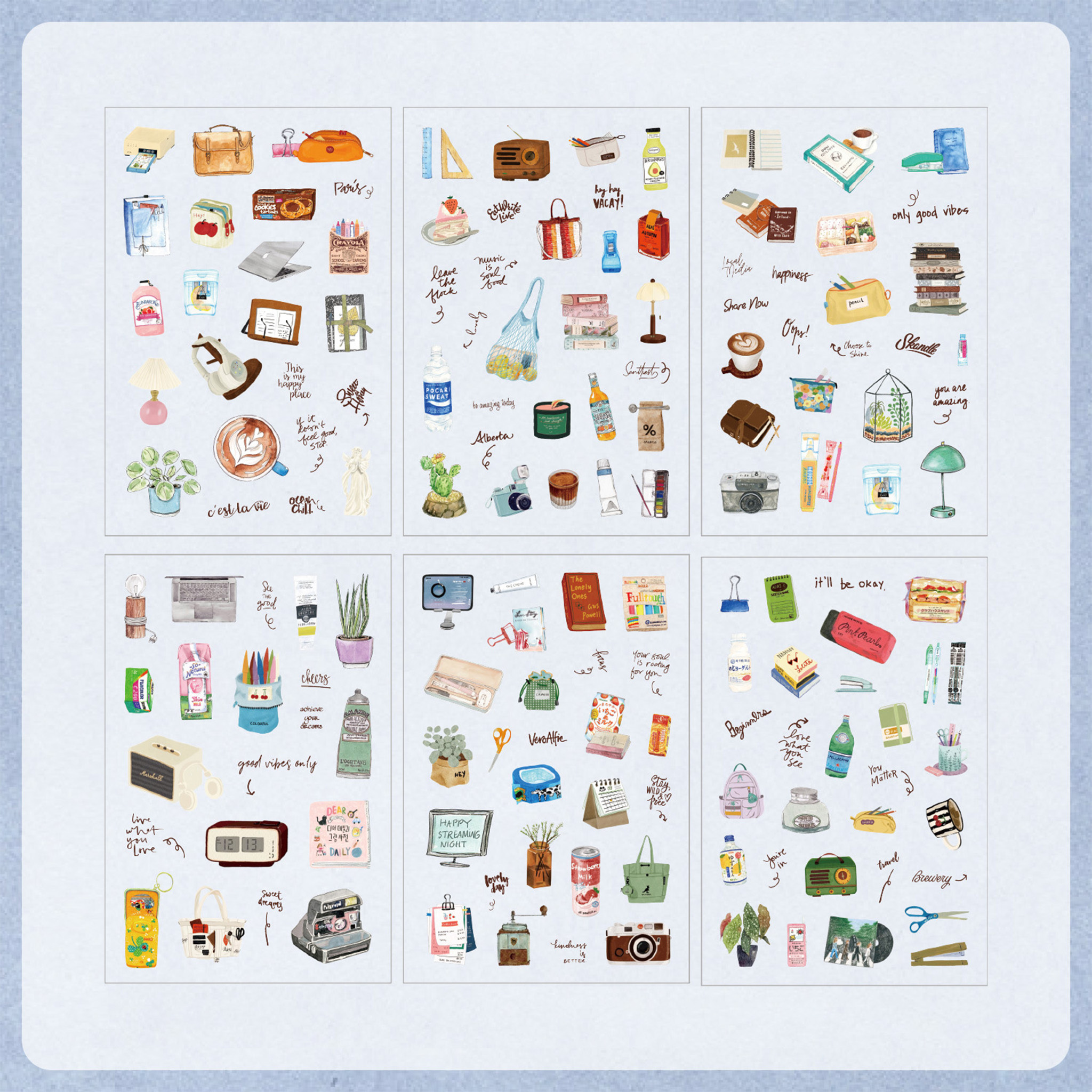 Six sheets of Colored Universe watercolor PET stickers displayed on a light gray-blue background, featuring hand-drawn illustrations of everyday home items, stationery, coffee cups, potted plants, and vintage objects.